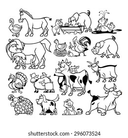 Set of cute cartoon farm animals in black/white isolated on white background. Goose, cow, horse, pig, rooster, goat, dog, cat, turkey, sheep. Vector illustration