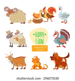 Set of cute cartoon farm animals and birds: sheep, rooster with chicken on nest, goose, turkey, goat, cat and dog. Part two. Vector illustration isolated on white background