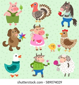 Set Of Cute Cartoon Farm Animals Vector Illustration