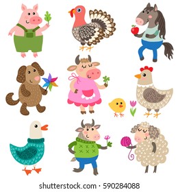 Set of cute cartoon farm animals vector illustration