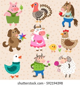 Set of cute cartoon farm animals vector illustration