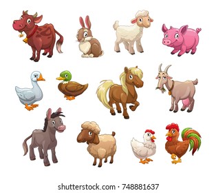 Set of cute cartoon farm animals. Isolated icons on white background. Vector illustration.