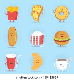 Set of cute cartoon fast food characters . French fries , pizza , donut , hot dog , popcorn , hamburger , cola , croissant and coffee mug . Template for menu of cafes and restaurants . Kids food.