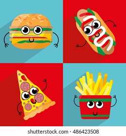 Set of cute cartoon fast food characters .Template for menu of cafes and restaurants . Kids food. - stock vector