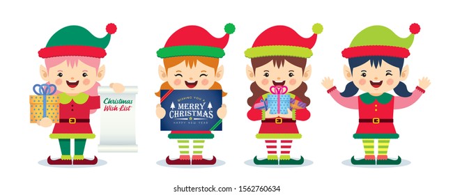 Set of cute cartoon female christmas elf or santa claus helper isolated on white background. Little dwarf with christmas present. Xmas character collection. 