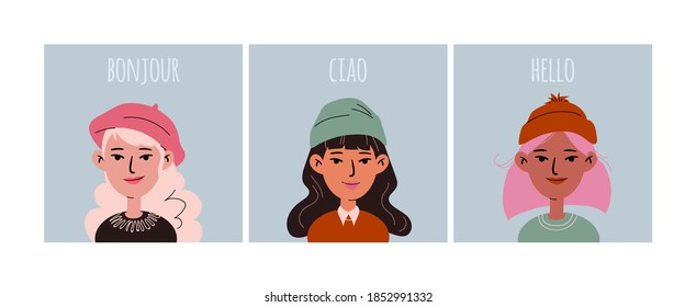 Set of cute cartoon female faces of different cultures in hats. Young women blonde, brunette, pink-haired in headdresses with greetings. Hand drawn vector stock illustration isolated blue background.