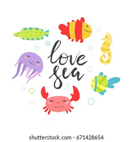 set of cute cartoon fish and inscritpion love sea - marine vector illustration