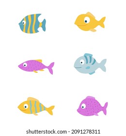 Set of cute cartoon fishes. Colorful sea and ocean animals. Isolated vector illustration.