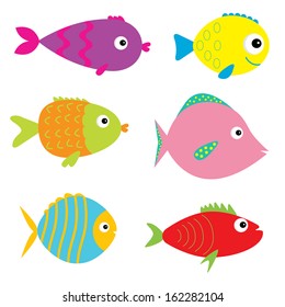 Set of cute cartoon fishes. Isolated. Vector illustration