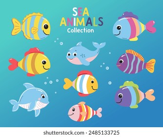 Set of cute cartoon fishes. Wild marine animals. Inhabitants of the sea. Flat cartoon underwater scene with sea life