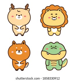 Set of cute cartoon flat style design.Animals wild concept.Deer,lion,fox and crocodile.Isolated.Vector.Illustration.