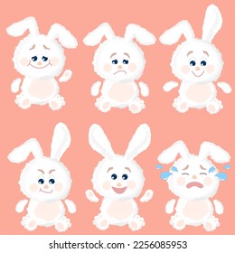 Set of cute cartoon fluffy bunnies emotions: happy awakening, sad, smile, cunning, joy, crying. Vector illustration.