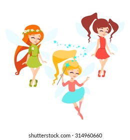 Set of cute cartoon flying fairies. Elf girl collection. Vector illustration