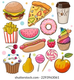 Set of Cute Cartoon Food isolated on a white background