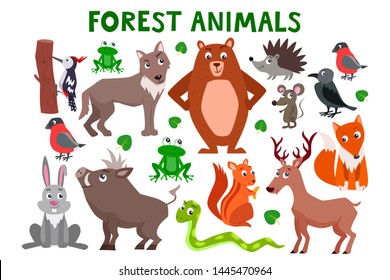 Set of cute cartoon forest animals. Vector flat illustration.