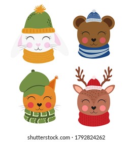 Conjunto de lindos animales del bosque de dibujos animados en un sombrero y una bufanda. Conejo, ardilla, oso, ciervo. Caras animales. Ilustración vectorial plana aislada en fondo blanco.
