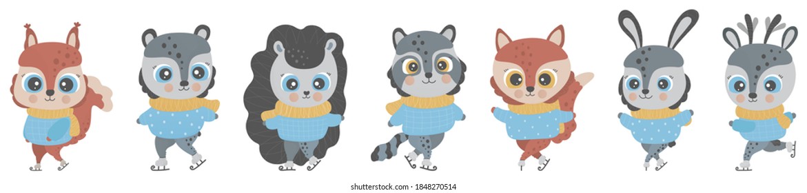 Set of cute cartoon forest animals dressed in sweaters and scarves ice skating on a white background. Children's isolated clipart. Charactes for print, design, t-shirts, sticker, diy projects. Vector.
