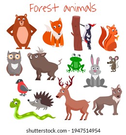 Set of cute cartoon forest animals. Vector flat illustration