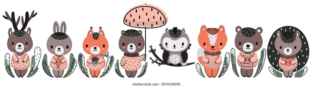 Set of cute cartoon forest animals. Isolated deer, hare, squirrel, beaver, owl, fox, bear, hedgehog. Ideal for baby shower, decor, baby products, stickers. Vector over white background.