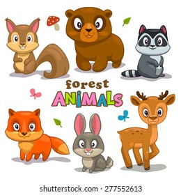 Set of cute cartoon forest animals, childish vector illustration