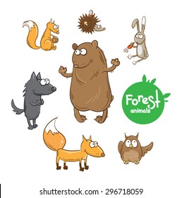 Set with cute cartoon forest animals, bear, fox, wolf, hare, squirrel, hedgehog, owl.