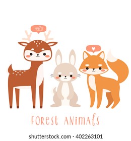 set of cute cartoon forest animals. Illustration of cute deer, bunny and fox. Can be used like stickers or for birthday cards and party invitations