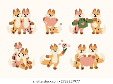 Conjunto de lindos personajes de zorro de dibujos animados que muestran amor y romance, abrazando, sosteniendo un corazón, dando una flor, compartiendo un suéter, enviando una carta, paleta de colores pastel cálido, estilo amigable