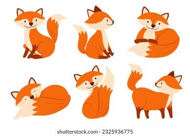 Set of cute cartoon fox in different actions. Vector in flat style.