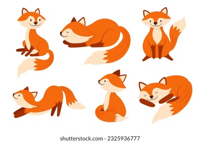 Set of cute cartoon fox in different actions. Vector in flat style.