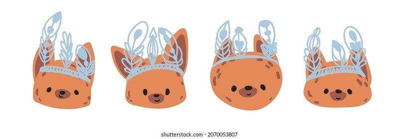 Set cute cartoon fox. Set funny cartoon tribal face animals. Print for baby posters, cards, clothes, stickers or decor. Vector illustration. 