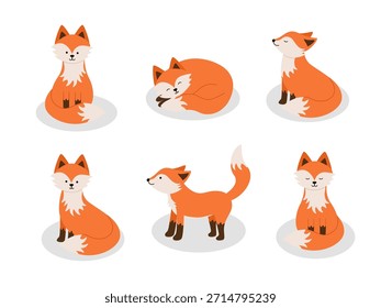 Conjunto de lindos zorros de dibujos animados. Zorros divertidos en diferentes poses. Ilustración vectorial de animales forestales.