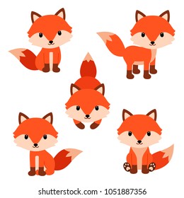 Set of cute cartoon foxes in modern simple flat style.