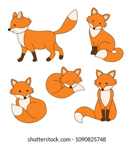 Set of cute cartoon foxes in modern simple flat style. Isolated vector illustration