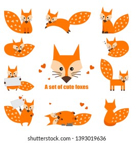 Set of cute cartoon foxes in modern simple flat style. Isolated vector illustration