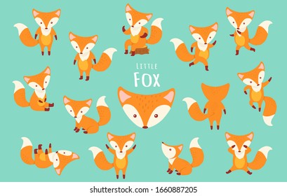 Set of cute cartoon foxes in modern simple flat style, Isolated vector illustration,Hand draw.