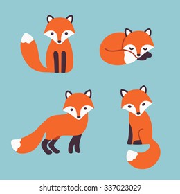 Set of cute cartoon foxes in modern simple flat style. Isolated vector illustration