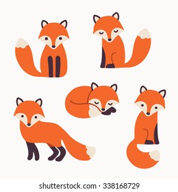 Set of cute cartoon foxes in modern simple flat style. Isolated vector illustration