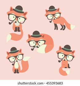 Set of cute cartoon foxes in modern simple flat style. Isolated vector illustration