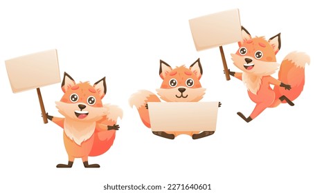 Set of cute cartoon foxes. Vector character holding blank banner, poster, pointer. Teaching or protest concept.