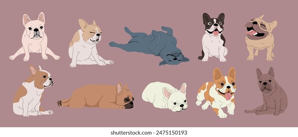 Set of Cute Cartoon French Bulldog Dogs with Various Fur Colors and Coat Types, Different Breeds. Isolated Vector Illustration