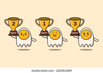 Set of cute cartoon fried eggs holding trophy with happy expression in 3d modern style design