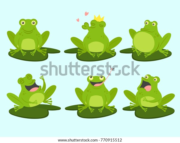 Set of cute\
cartoon frogs. Cute, croaking, in love, laughing, frightened,\
hungry. Vector\
illustration.\
