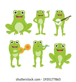 set of cute cartoon frogs doing musical activities illustration