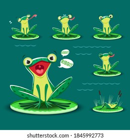 A set of the cute cartoon frogs. A frog catches a fly, eats it, licks his lips and croaks. Vector illustration.