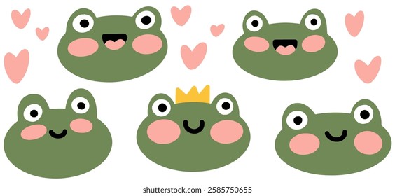 Set of cute cartoon frogs. Toad heads for childish animal icons. Clip art of cute fairy tale characters in love. Cute green prince frog. Flat vector illustration for children's designs, books, toys.