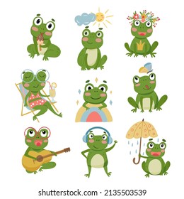 Set of cute cartoon frogs. Vector graphics on a white background, for the design of postcards, posters, stickers, prints for children clothes, mugs, pillows.