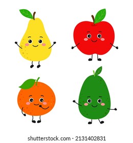 set with cute cartoon fruit characters isolaed on white, vector illustration of pear, apple, avocado and tangerin with smiling face in flat style
