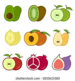 Set of cute cartoon fruit icons, includes apples, pears, figs, kiwi, avocado and others. An image of whole and cut fruit. Isolated vector illustration on white background.