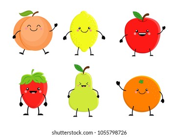 Set of cute cartoon fruit. Lemon, orange, apple pear, strawberry, peach. Vector illustration isolated on white background.