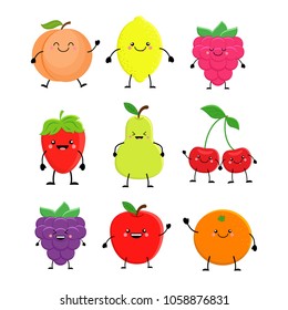 Set of cute cartoon fruit. Lemon, orange, apple pear,raspberry, cherry,  strawberry, peach, blackberry.  Vector illustration isolated on white background. Kawaii fruits
